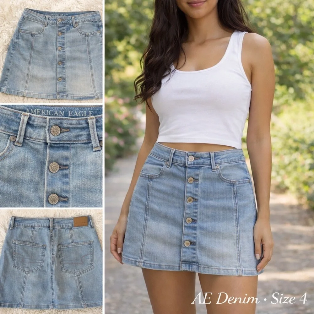 American Eagle Light Wash Button Front Denim Mini Skirt Size 4 - Picture 2 of 6